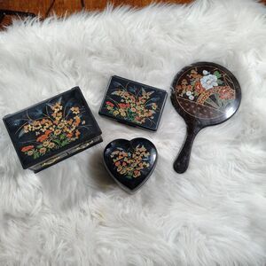VTG Floral Asian Themed Vanity/ Jewelry Set Made In Hong Kong